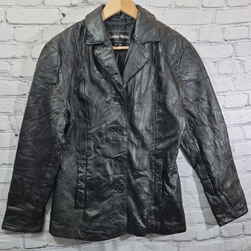 Vintage Leather Blazer Style Jacket Womens Black‎ Patchwork 4-Button Size M